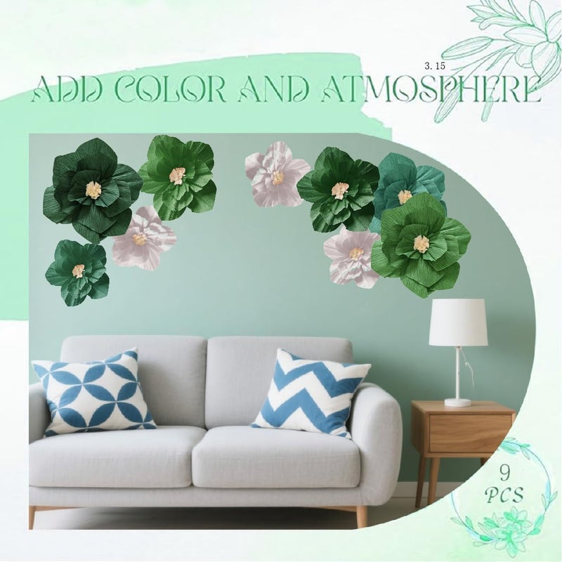 Linnoptimix Green Birthday Party Decorations Paper Flowers Artificial Crepe Tissue Wall Décor Wedding Birthday Bridal Baby Shower Classroom Nursery Room Backdrop Centerpieces (Green (9PCS)) - Image 4